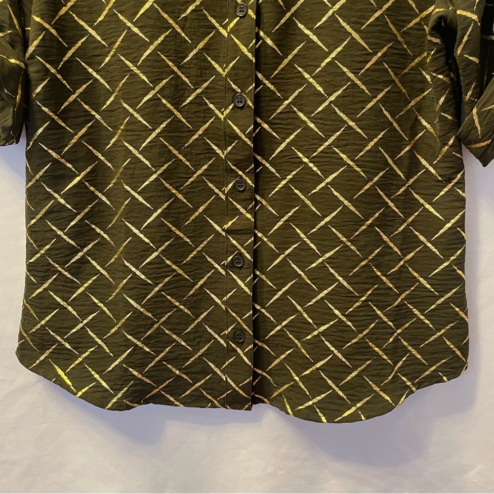Corporate Metallic Geometric Short Sleeve Cuffed Button Front Shirt Small Office - Picture 5 of 16